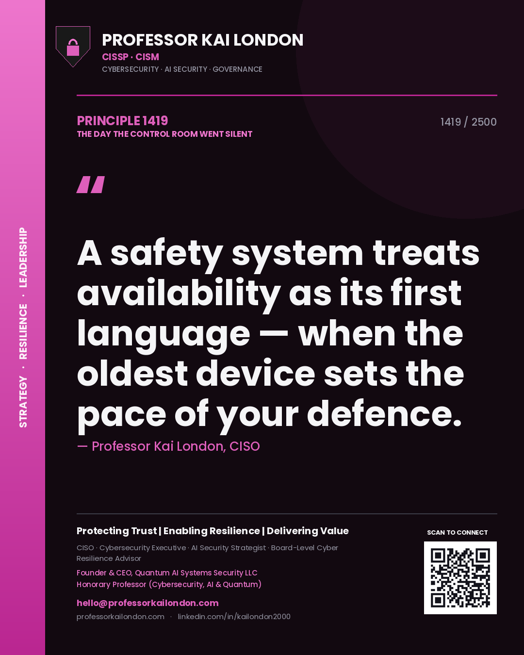 Professor Kai London principle 1419: A safety system treats availability as its first language — when the oldest device sets the pace of your defence.