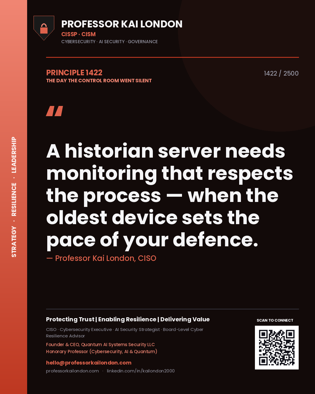 Quote card by Professor Kai London reading 'A historian server needs monitoring that respects the process — when the oldest device sets the pace of your defence.'. From the book The Day the Control Room Went Silent.
