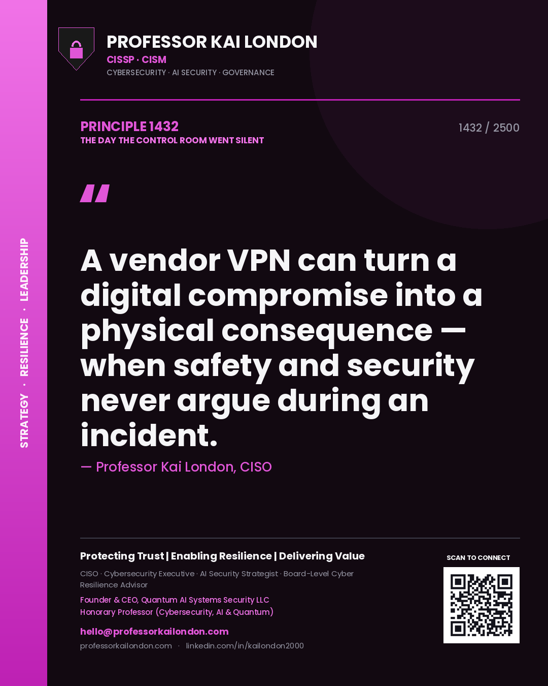 Quote card by Professor Kai London reading 'A vendor VPN can turn a digital compromise into a physical consequence — when safety and security never argue during an incident.'. From the book The Day the Control Room Went Silent.