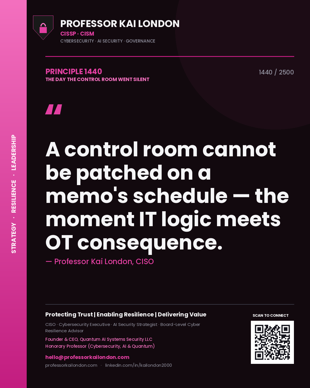 Professor Kai London principle 1440: A control room cannot be patched on a memo's schedule — the moment IT logic meets OT consequence.