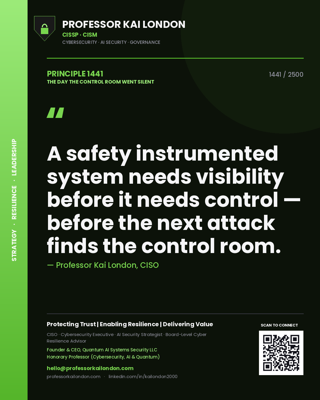Quote card by Professor Kai London reading 'A safety instrumented system needs visibility before it needs control — before the next attack finds the control room.'. From the book The Day the Control Room Went Silent.