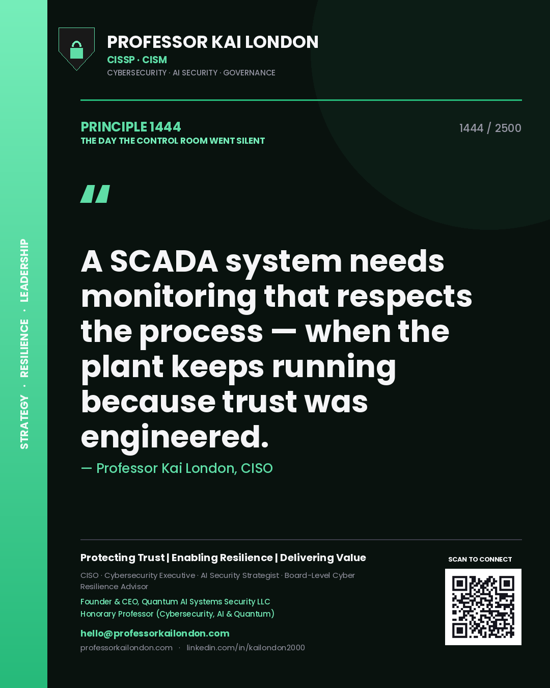 Quote card by Professor Kai London reading 'A SCADA system needs monitoring that respects the process — when the plant keeps running because trust was engineered.'. From the book The Day the Control Room Went Silent.