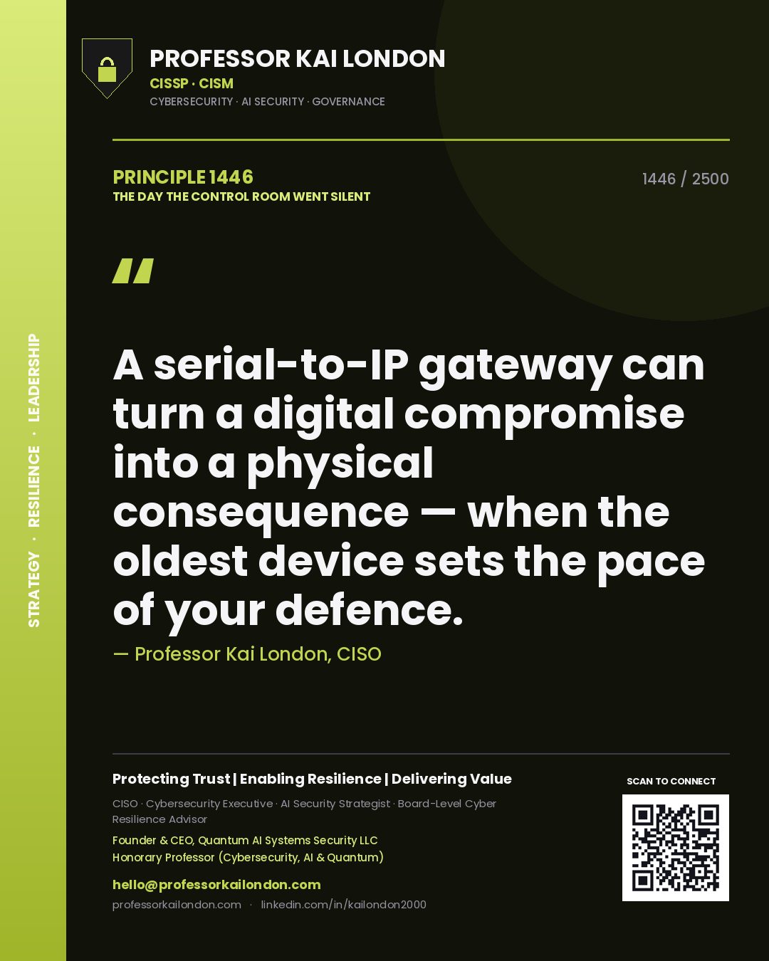 Quote card by Professor Kai London reading 'A serial-to-IP gateway can turn a digital compromise into a physical consequence — when the oldest device sets the pace of your defence.'. From the book The Day the Control Room Went Silent.