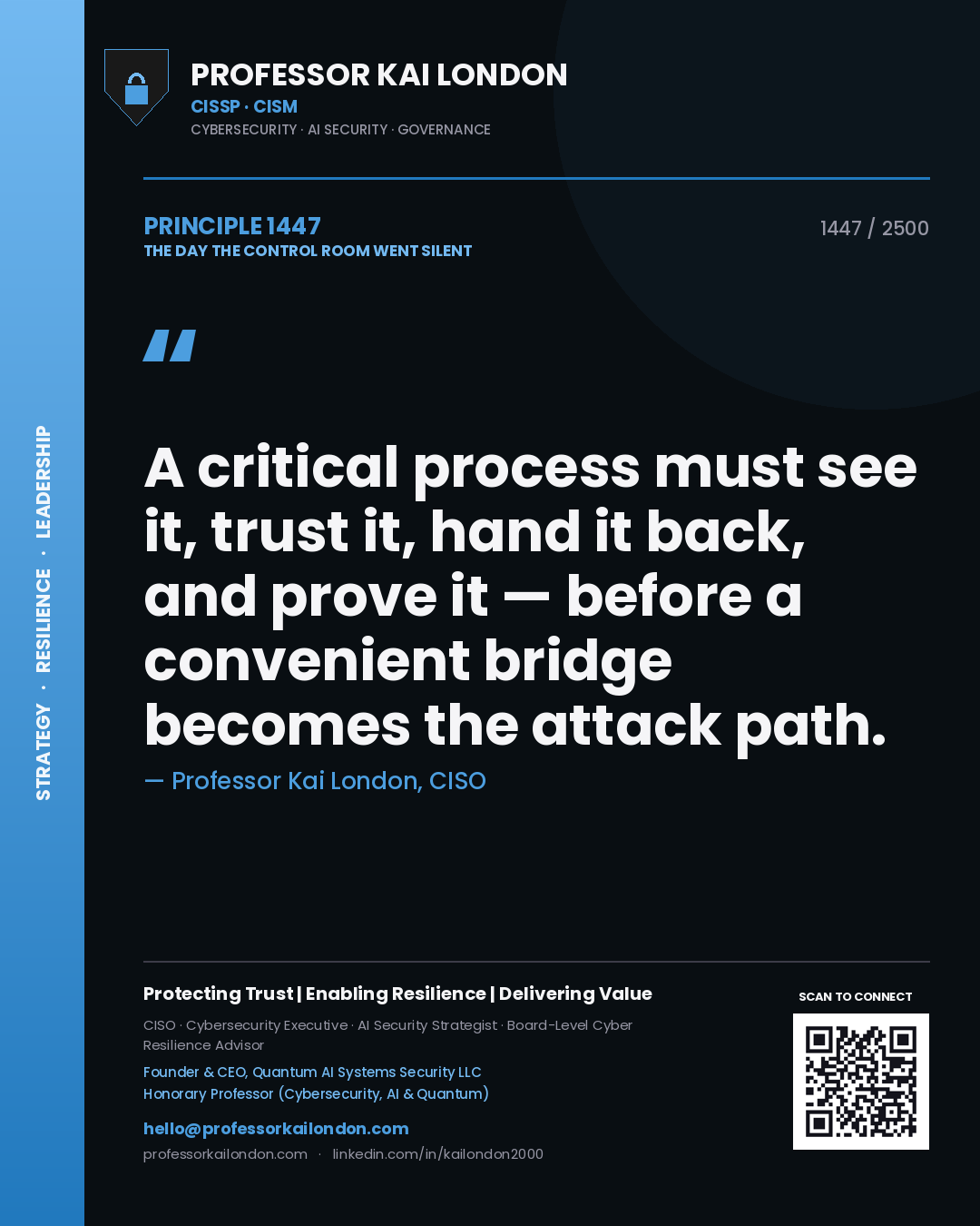 Professor Kai London principle 1447: A critical process must see it, trust it, hand it back, and prove it — before a convenient bridge becomes the attack path.