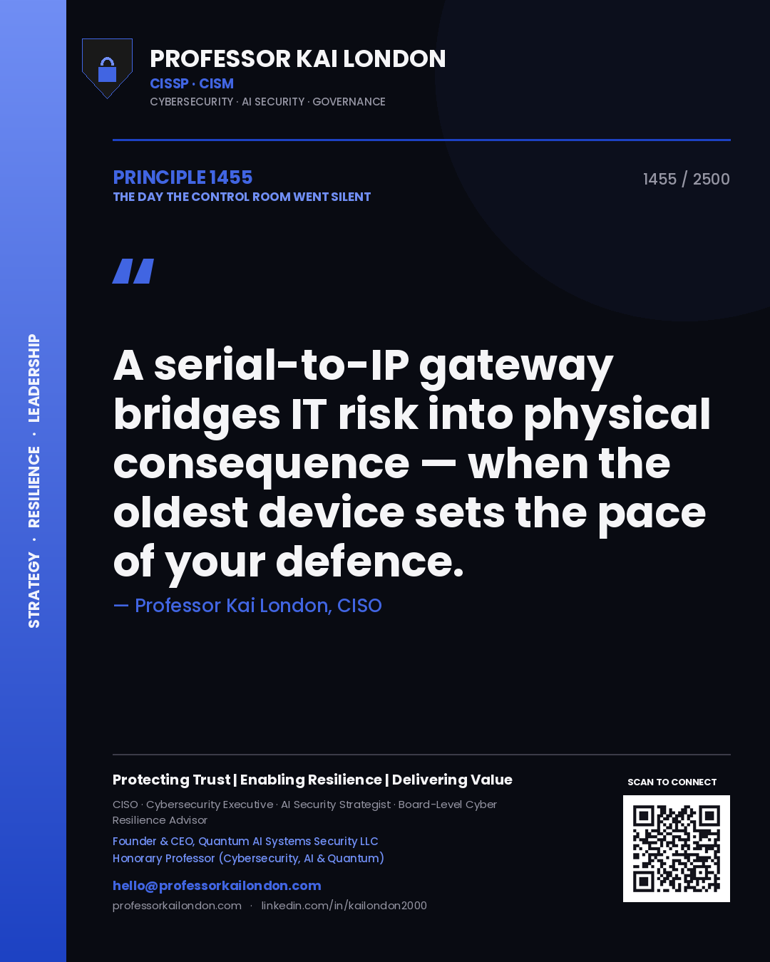 Quote card by Professor Kai London reading 'A serial-to-IP gateway bridges IT risk into physical consequence — when the oldest device sets the pace of your defence.'. From the book The Day the Control Room Went Silent.