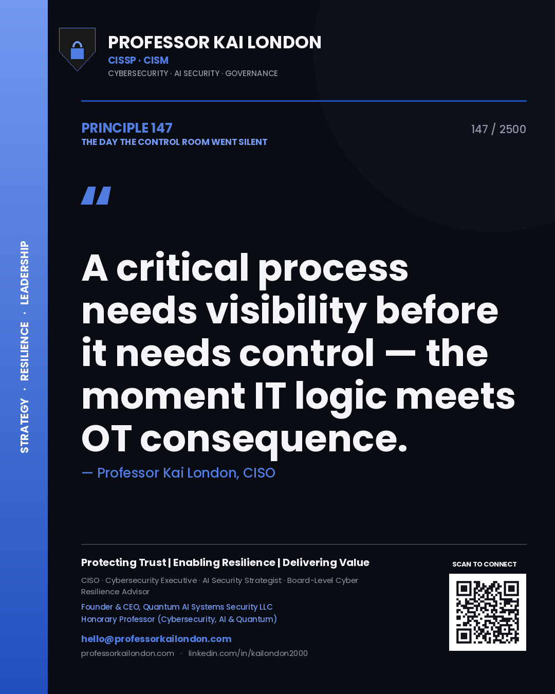 Quote card by Professor Kai London reading 'A critical process needs visibility before it needs control — the moment IT logic meets OT consequence.'. From the book The Day the Control Room Went Silent.