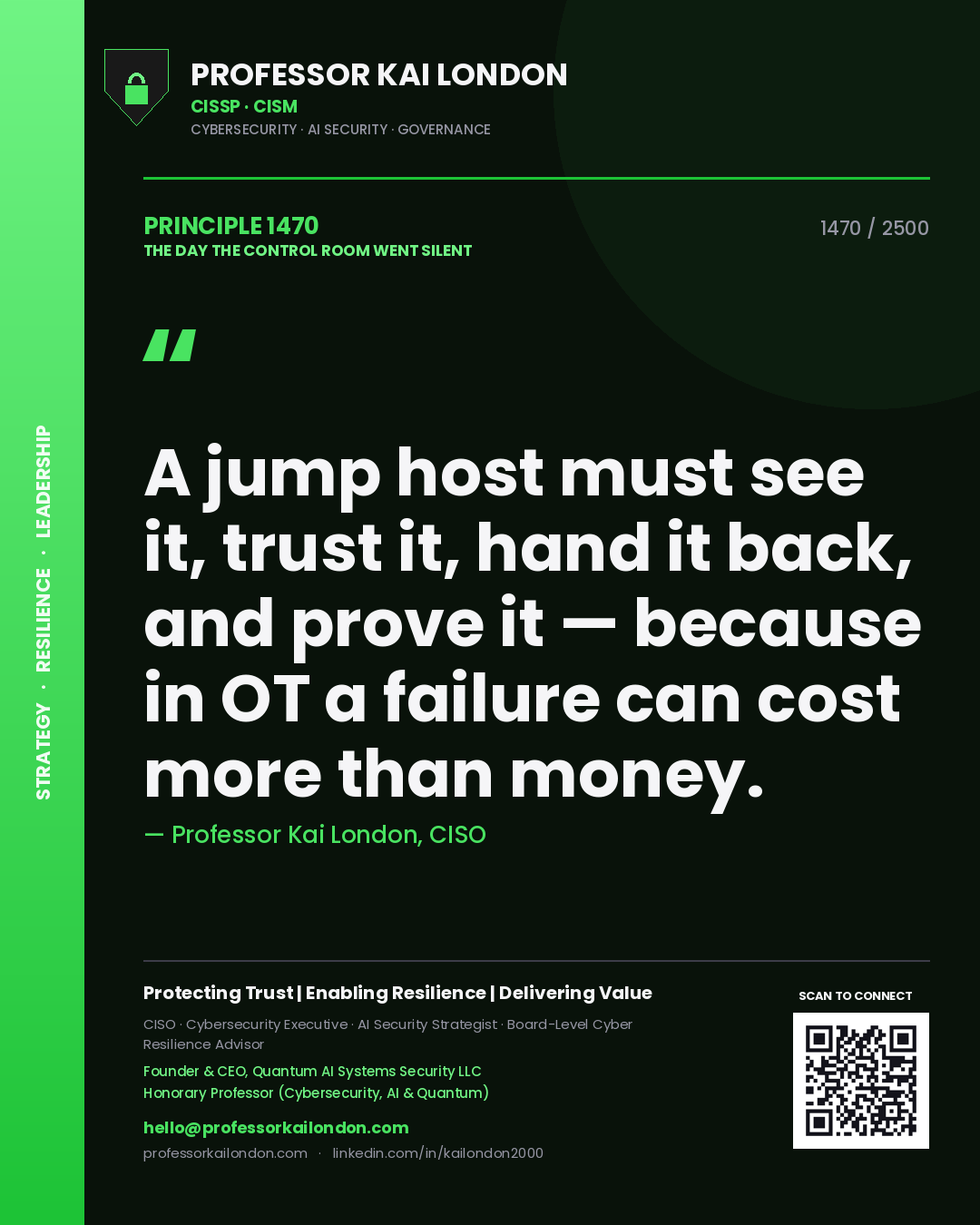 Quote card by Professor Kai London reading 'A jump host must see it, trust it, hand it back, and prove it — because in OT a failure can cost more than money.'. From the book The Day the Control Room Went Silent.