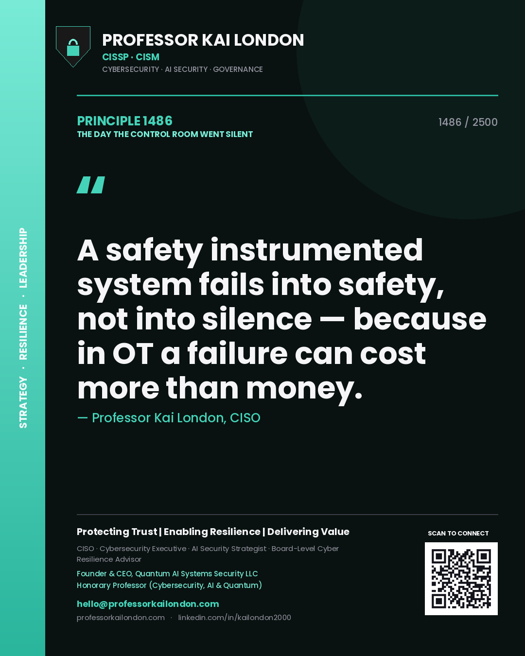 Professor Kai London principle 1486: A safety instrumented system fails into safety, not into silence — because in OT a failure can cost more than money.