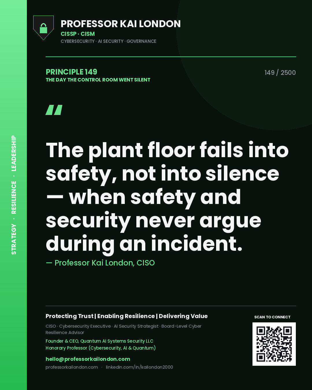 Quote card by Professor Kai London reading 'The plant floor fails into safety, not into silence — when safety and security never argue during an incident.'. From the book The Day the Control Room Went Silent.
