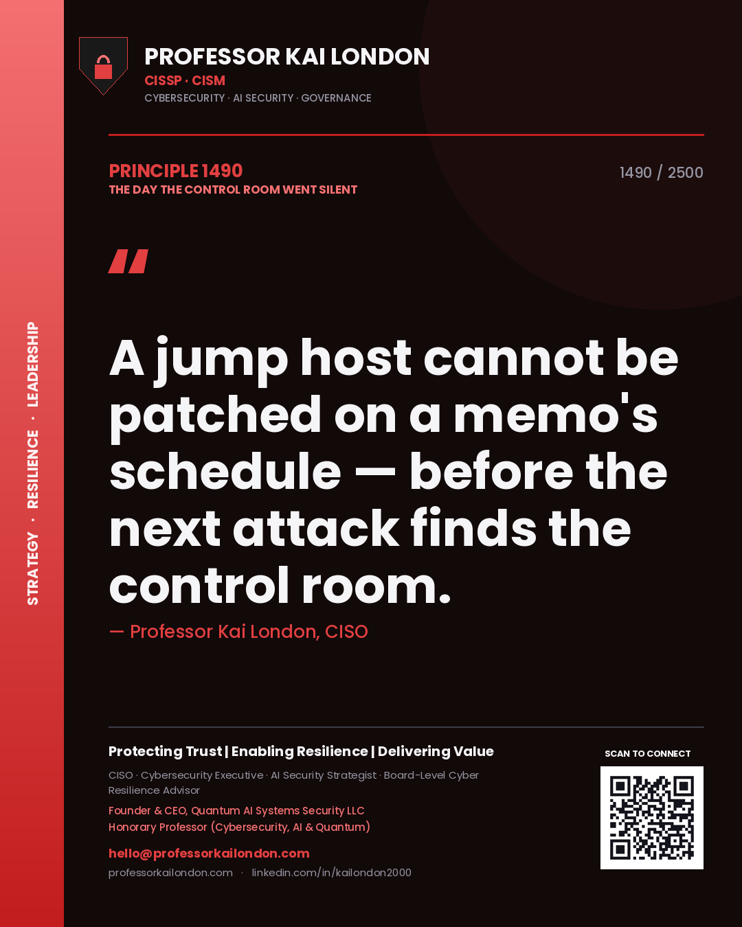 Quote card by Professor Kai London reading 'A jump host cannot be patched on a memo's schedule — before the next attack finds the control room.'. From the book The Day the Control Room Went Silent.