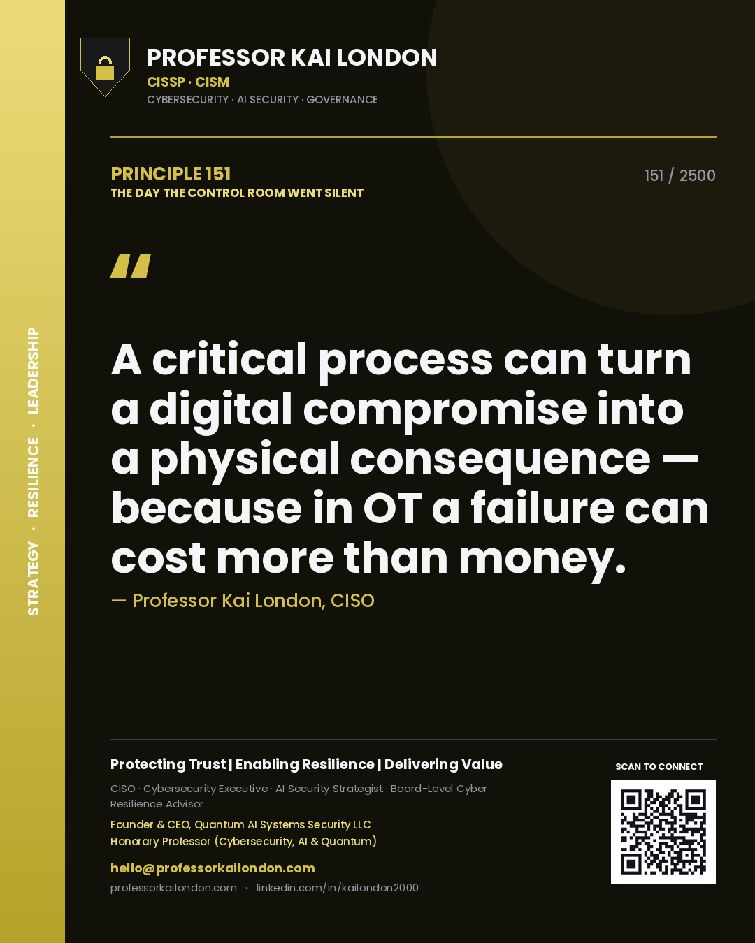 Quote card by Professor Kai London reading 'A critical process can turn a digital compromise into a physical consequence — because in OT a failure can cost more than money.'. From the book The Day the Control Room Went Silent.