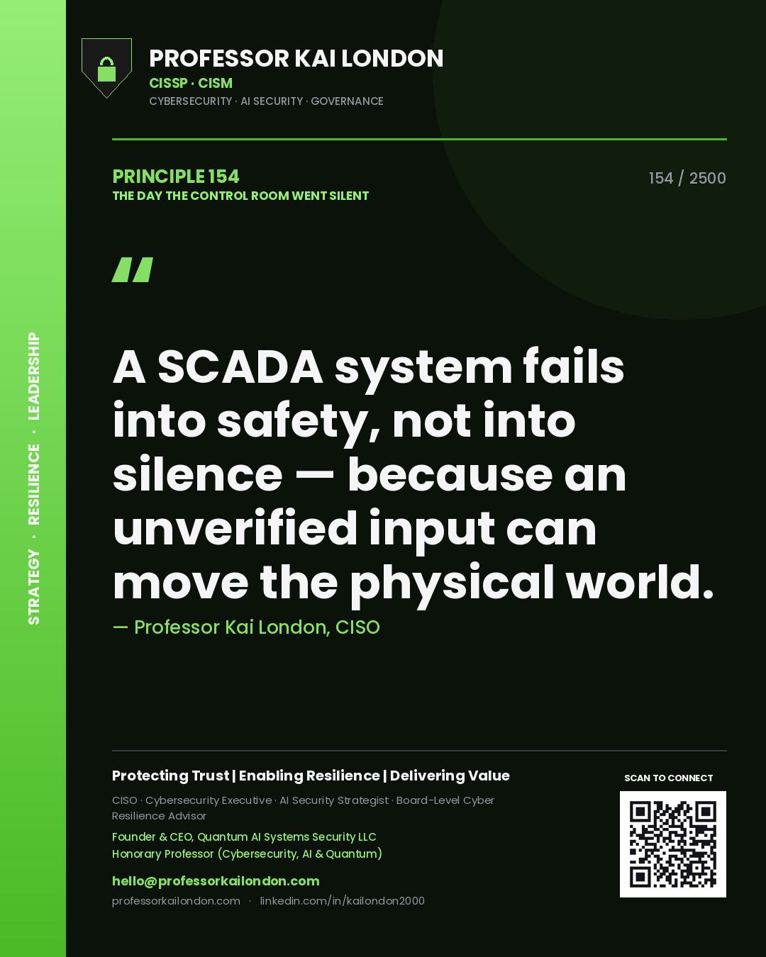 Quote card by Professor Kai London reading 'A SCADA system fails into safety, not into silence — because an unverified input can move the physical world.'. From the book The Day the Control Room Went Silent.