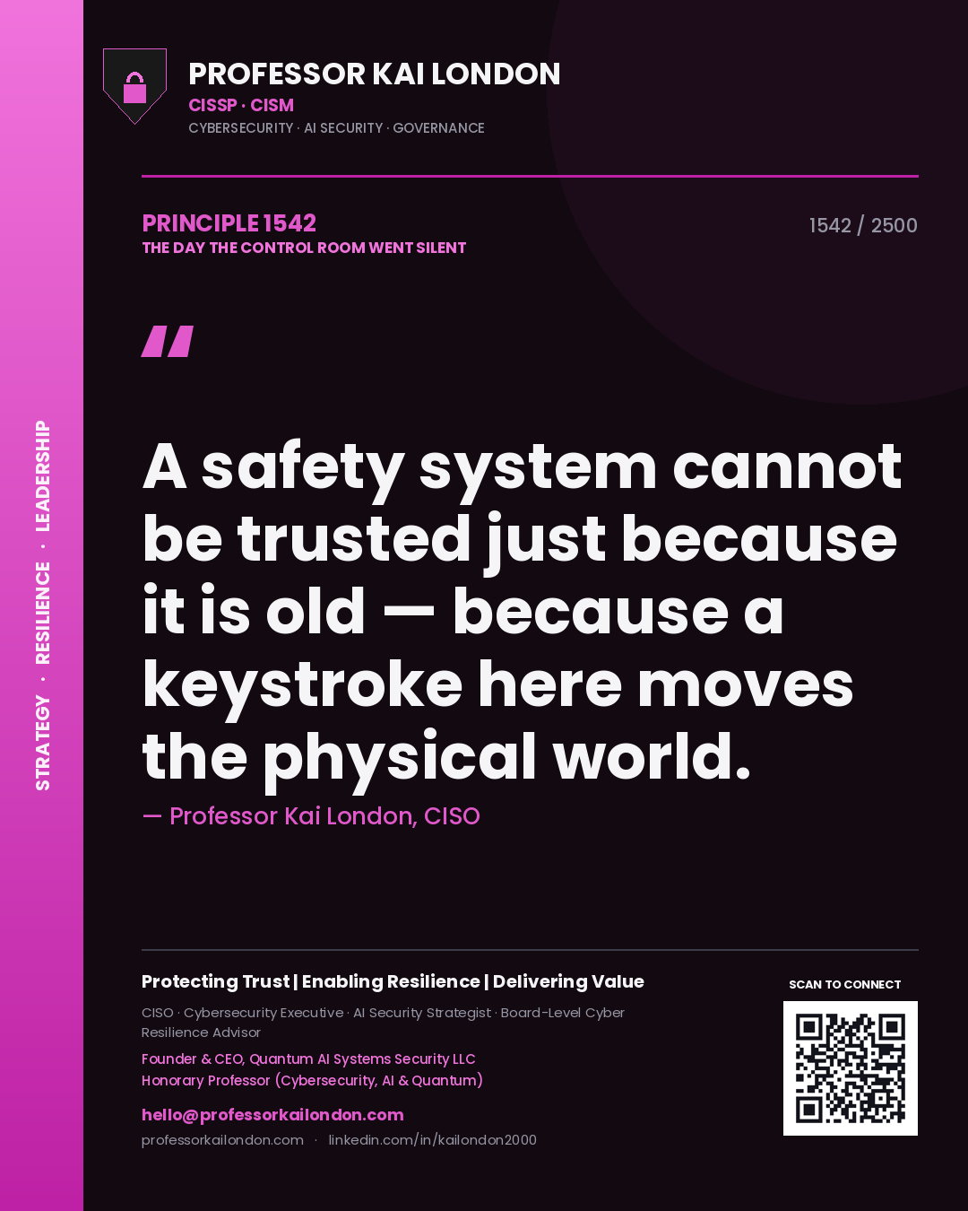 Professor Kai London principle 1542: A safety system cannot be trusted just because it is old — because a keystroke here moves the physical world.