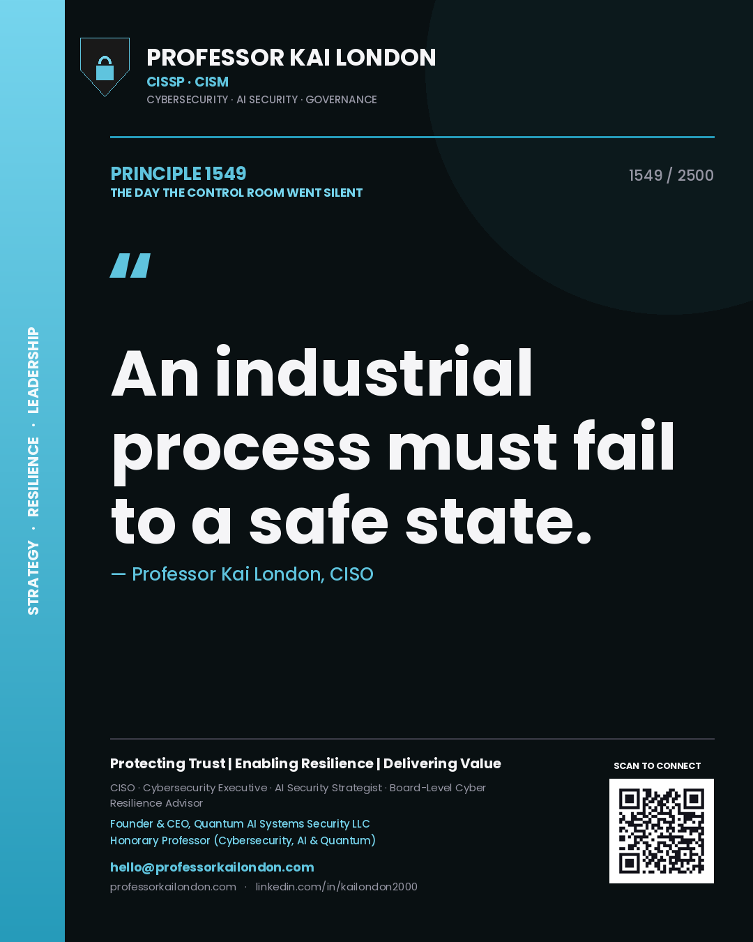 Quote card by Professor Kai London reading 'An industrial process must fail to a safe state.'. From the book The Day the Control Room Went Silent.