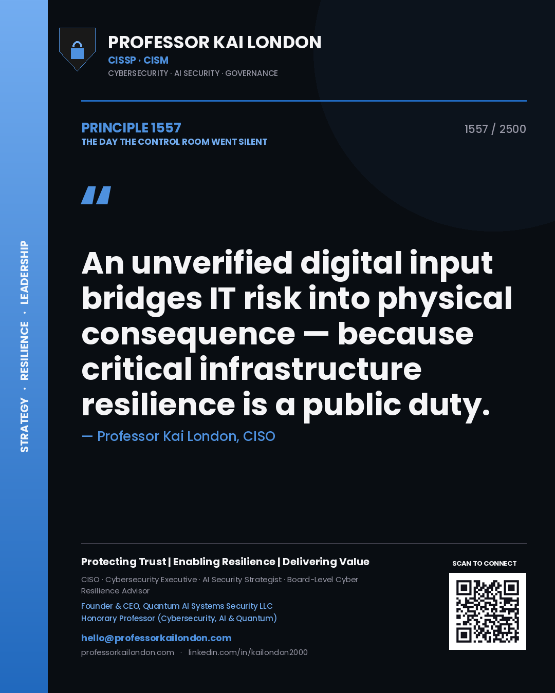 Professor Kai London principle 1557: An unverified digital input bridges IT risk into physical consequence — because critical infrastructure resilience is a public duty.