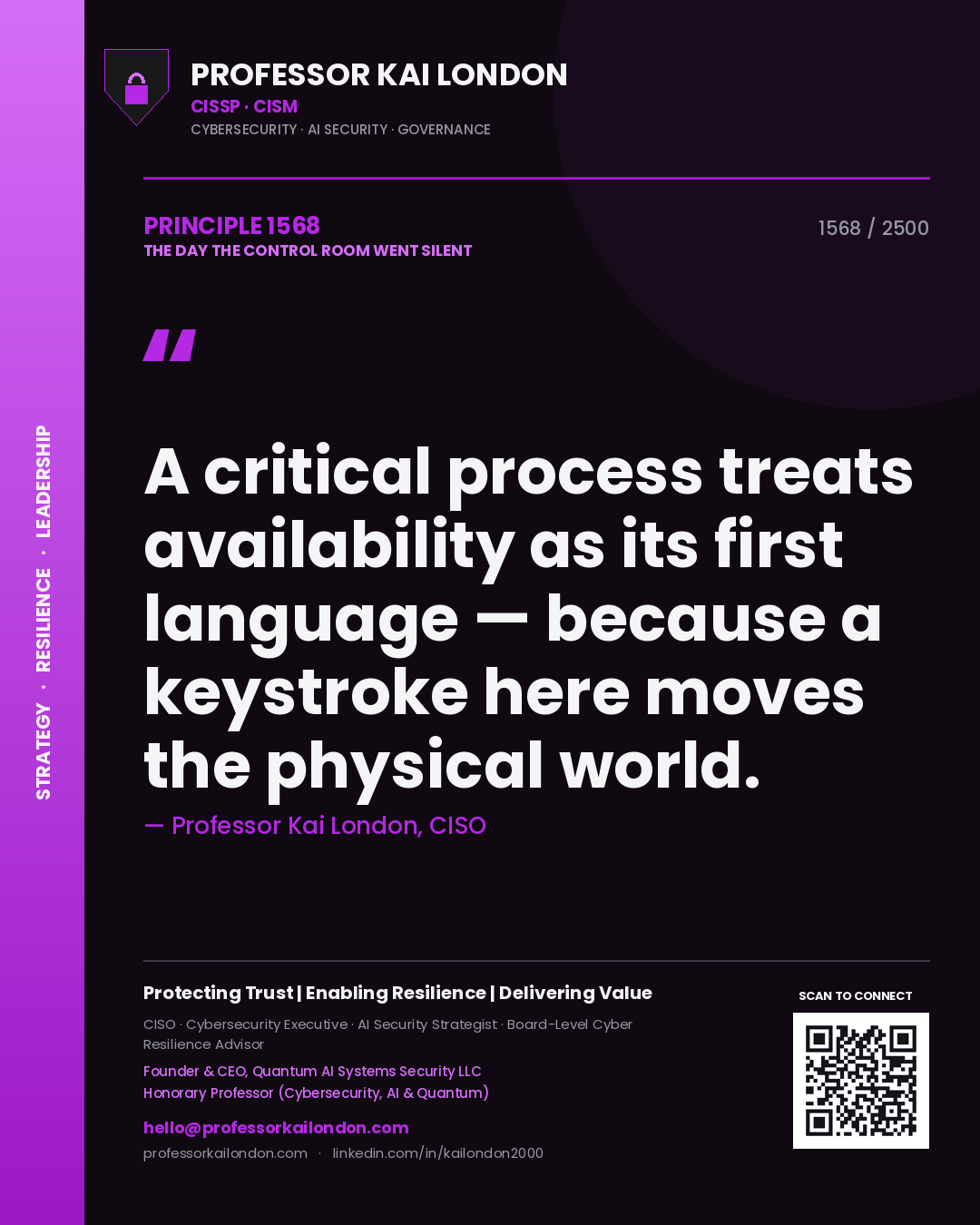 Professor Kai London principle 1568: A critical process treats availability as its first language — because a keystroke here moves the physical world.