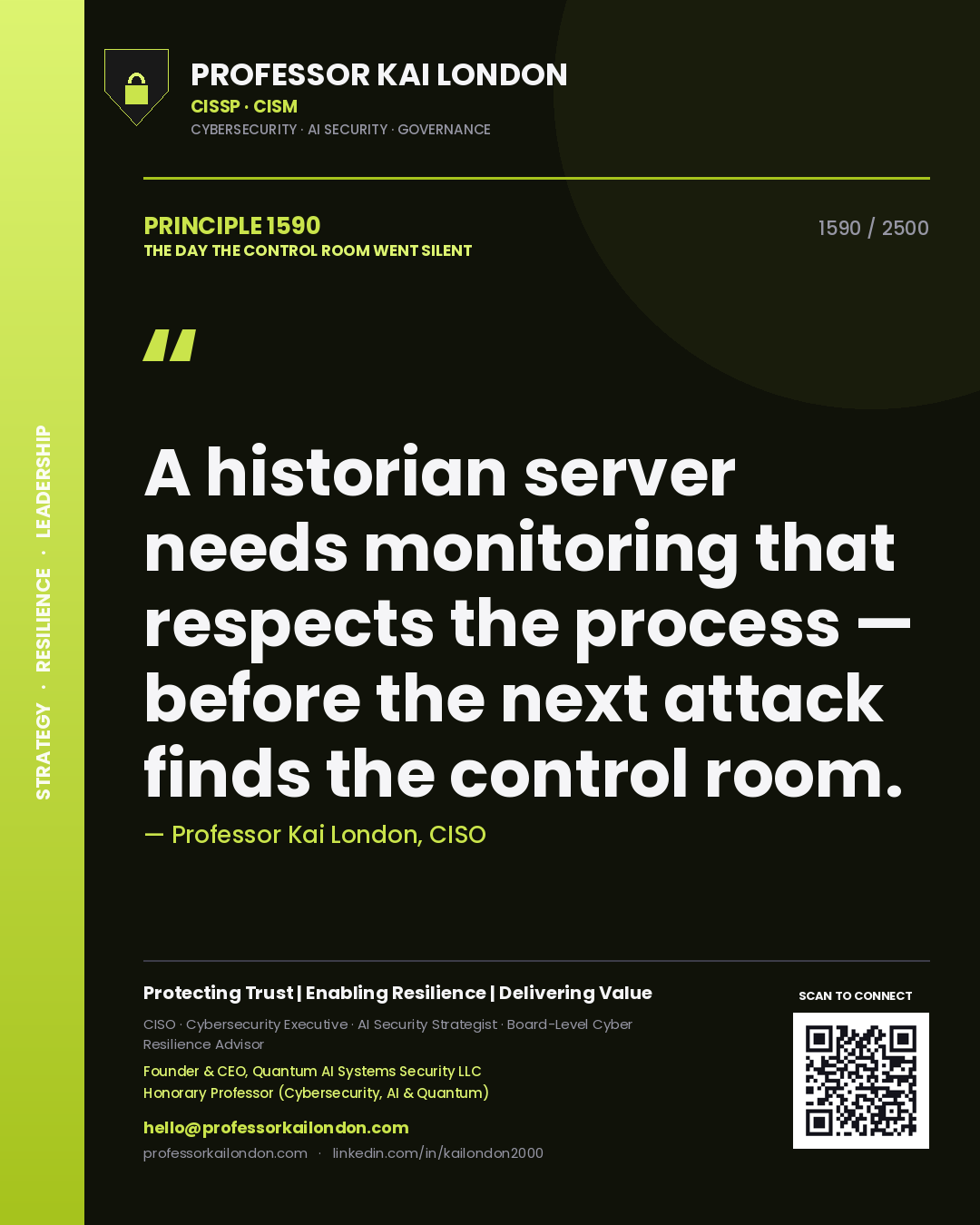 Professor Kai London principle 1590: A historian server needs monitoring that respects the process — before the next attack finds the control room.