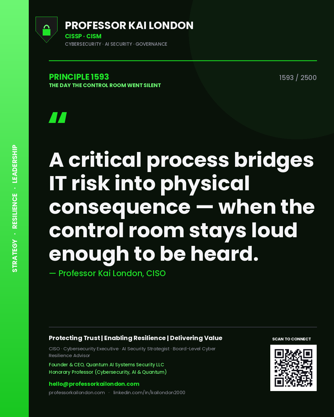 Professor Kai London principle 1593: A critical process bridges IT risk into physical consequence — when the control room stays loud enough to be heard.