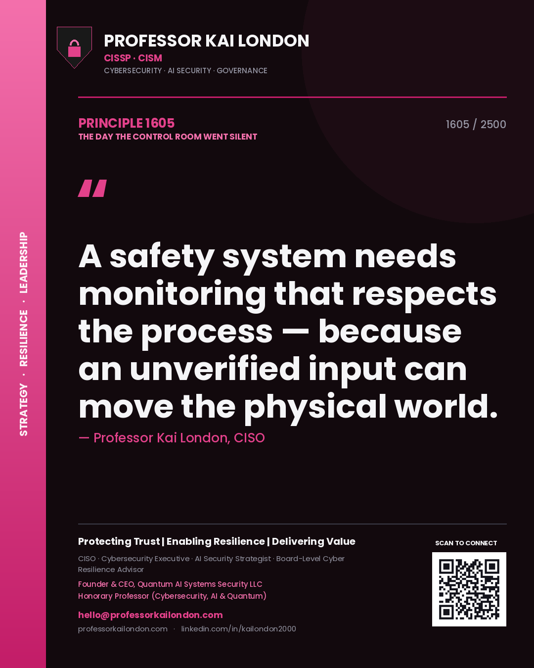 Quote card by Professor Kai London reading 'A safety system needs monitoring that respects the process — because an unverified input can move the physical world.'. From the book The Day the Control Room Went Silent.