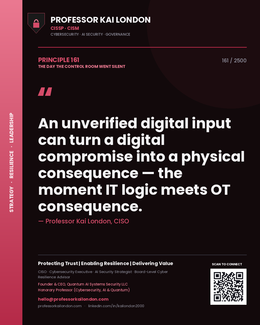 Quote card by Professor Kai London reading 'An unverified digital input can turn a digital compromise into a physical consequence — the moment IT logic meets OT consequence.'. From the book The Day the Control Room Went Silent.