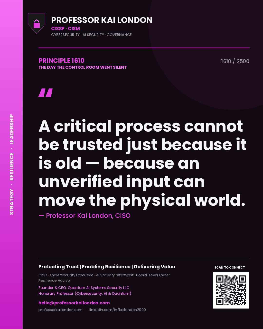 Quote card by Professor Kai London reading 'A critical process cannot be trusted just because it is old — because an unverified input can move the physical world.'. From the book The Day the Control Room Went Silent.