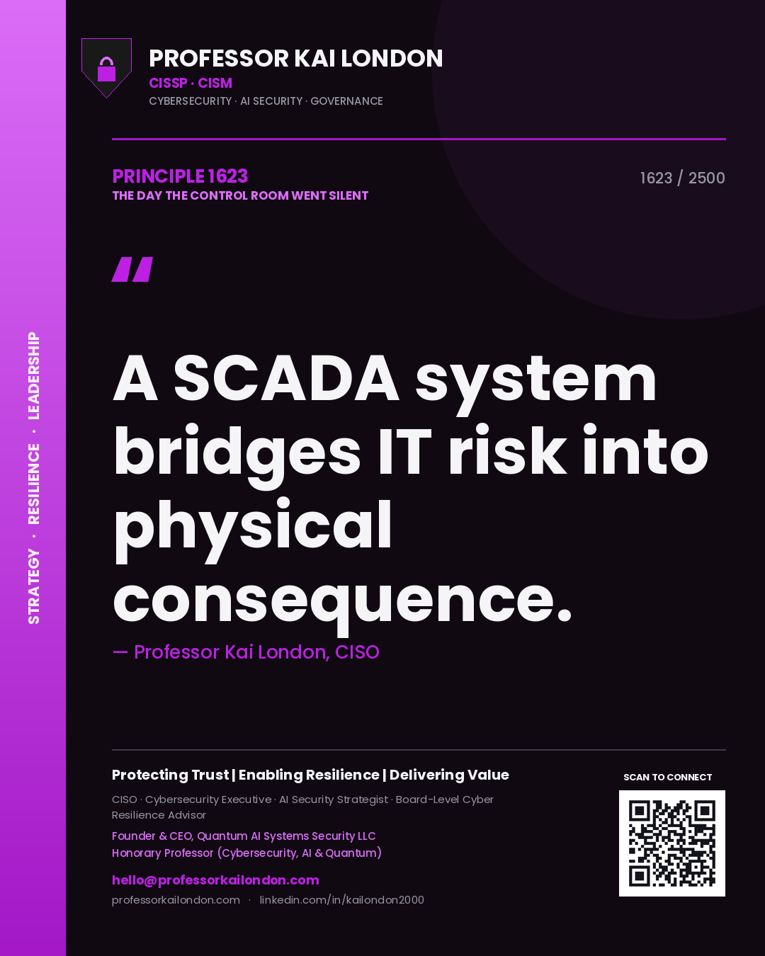 Quote card by Professor Kai London reading 'A SCADA system bridges IT risk into physical consequence.'. From the book The Day the Control Room Went Silent.