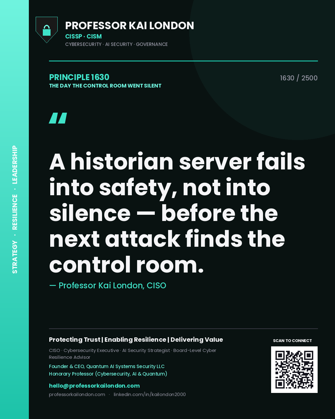 Quote card by Professor Kai London reading 'A historian server fails into safety, not into silence — before the next attack finds the control room.'. From the book The Day the Control Room Went Silent.