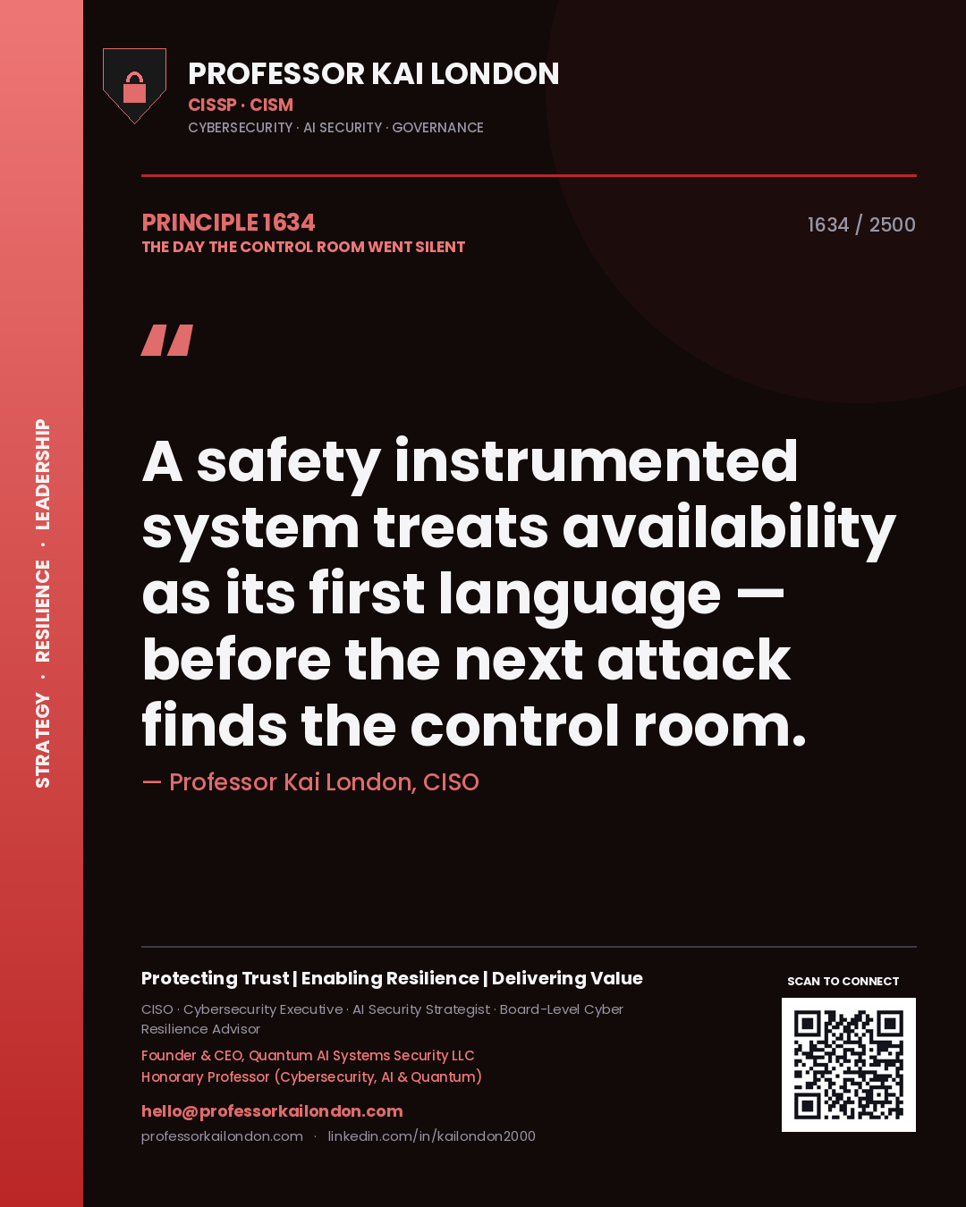Quote card by Professor Kai London reading 'A safety instrumented system treats availability as its first language — before the next attack finds the control room.'. From the book The Day the Control Room Went Silent.