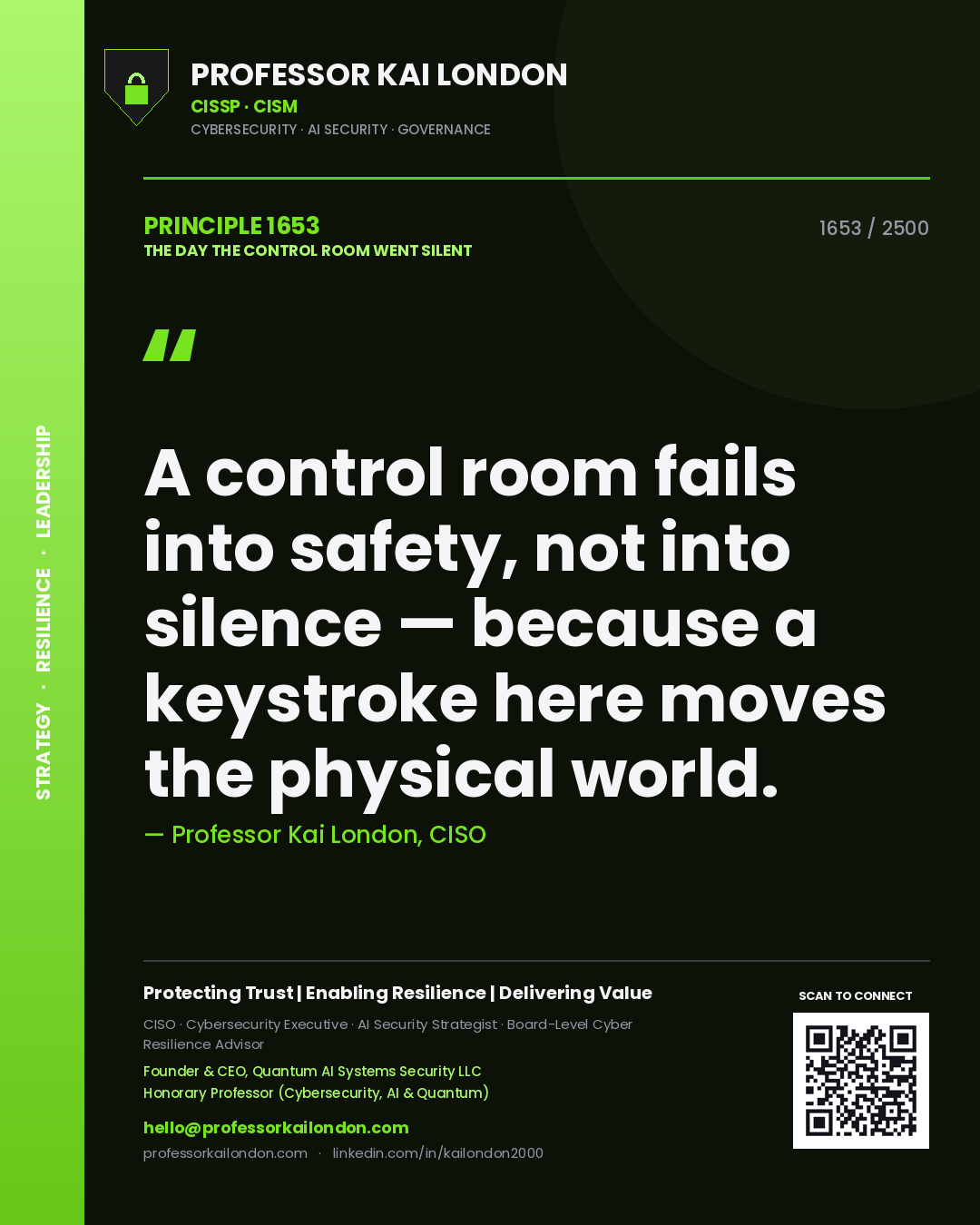 Quote card by Professor Kai London reading 'A control room fails into safety, not into silence — because a keystroke here moves the physical world.'. From the book The Day the Control Room Went Silent.