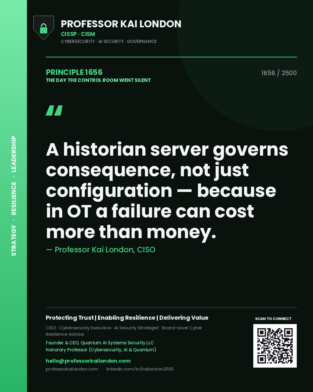 Professor Kai London principle 1656: A historian server governs consequence, not just configuration — because in OT a failure can cost more than money.