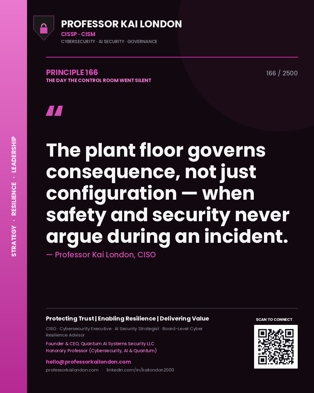 Quote card by Professor Kai London reading 'The plant floor governs consequence, not just configuration — when safety and security never argue during an incident.'. From the book The Day the Control Room Went Silent.