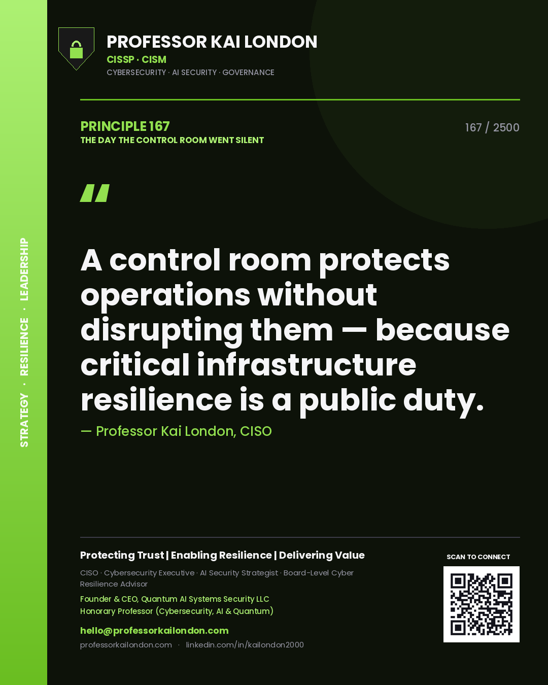 Quote card by Professor Kai London reading 'A control room protects operations without disrupting them — because critical infrastructure resilience is a public duty.'. From the book The Day the Control Room Went Silent.