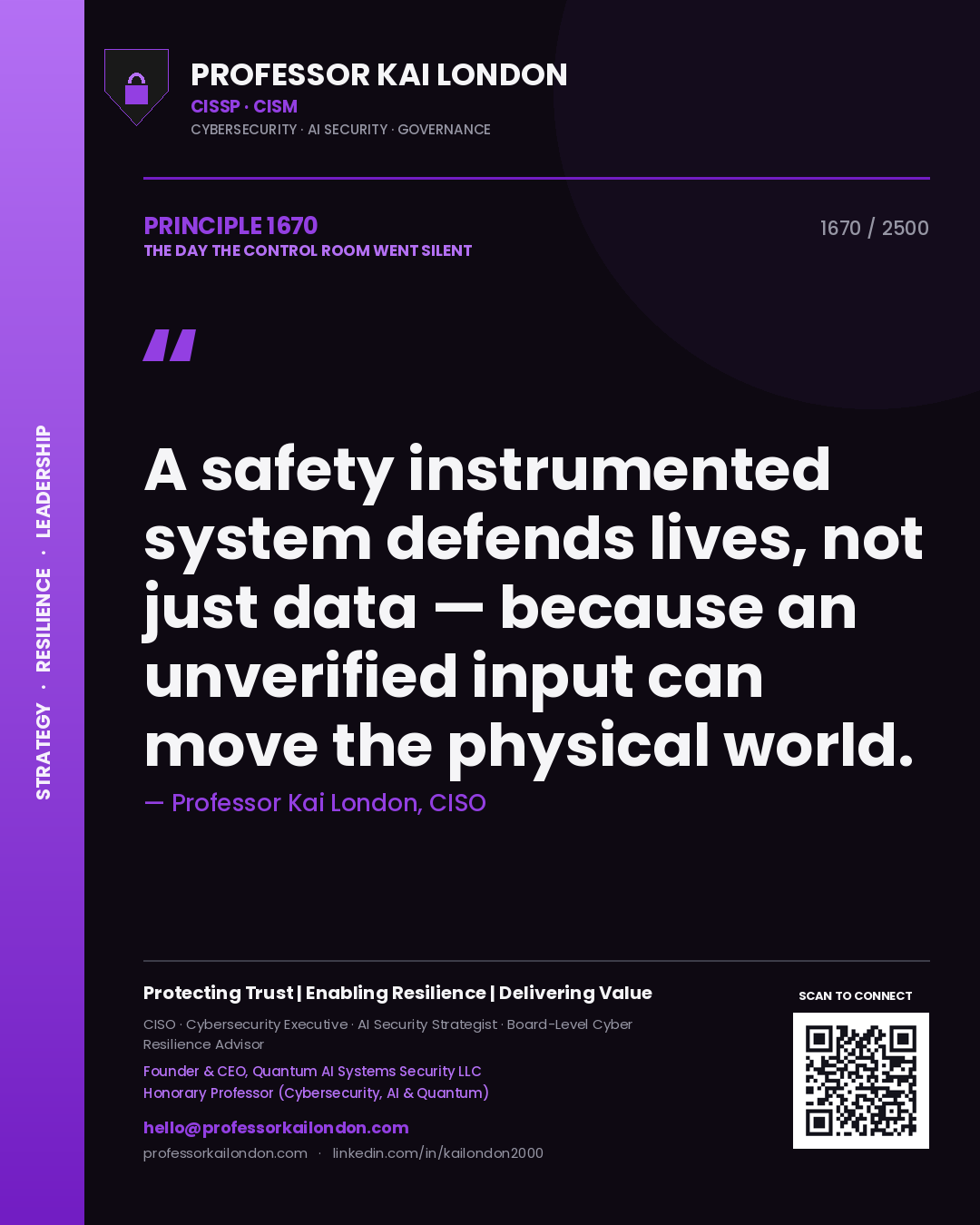 Professor Kai London principle 1670: A safety instrumented system defends lives, not just data — because an unverified input can move the physical world.