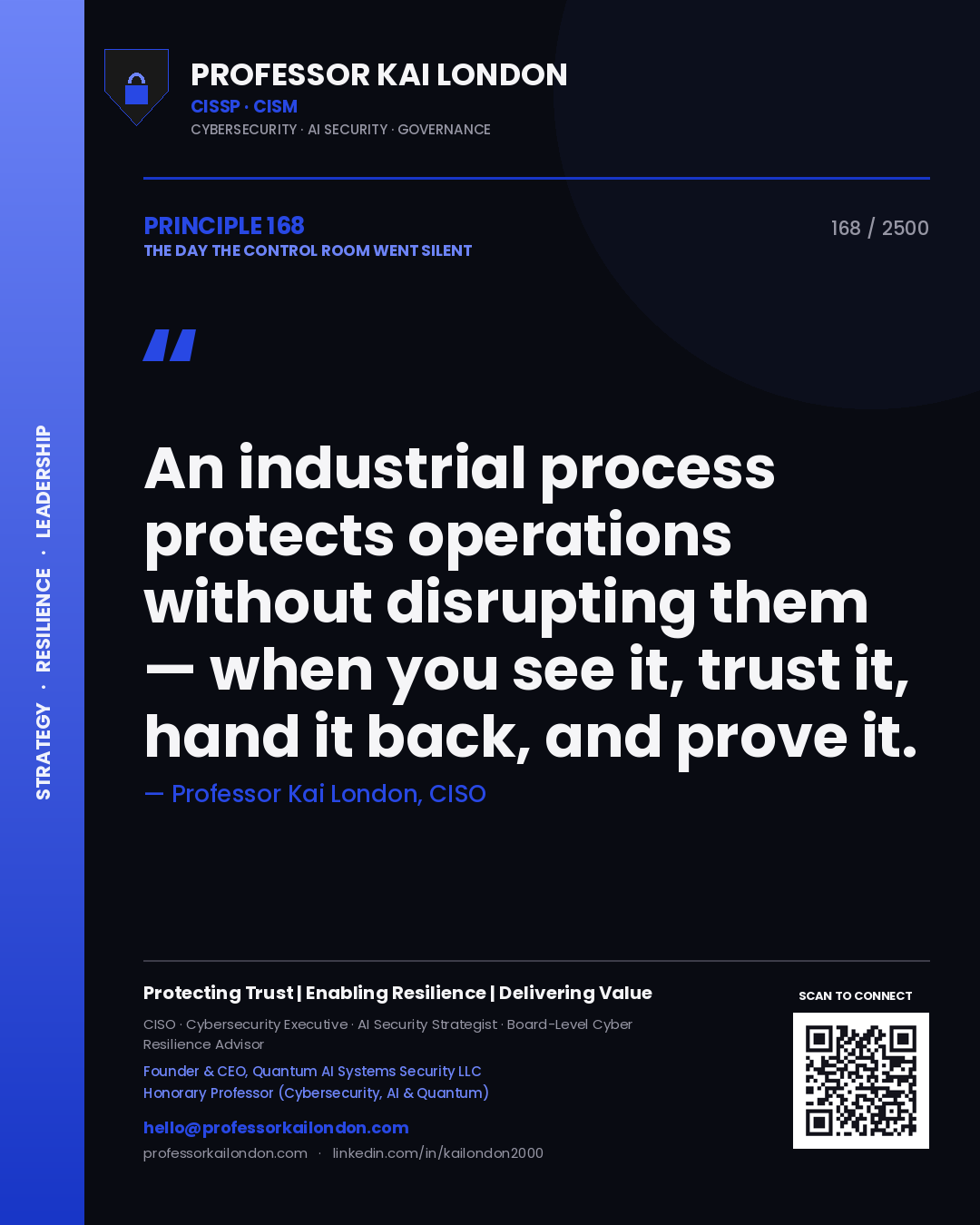 Quote card by Professor Kai London reading 'An industrial process protects operations without disrupting them — when you see it, trust it, hand it back, and prove it.'. From the book The Day the Control Room Went Silent.