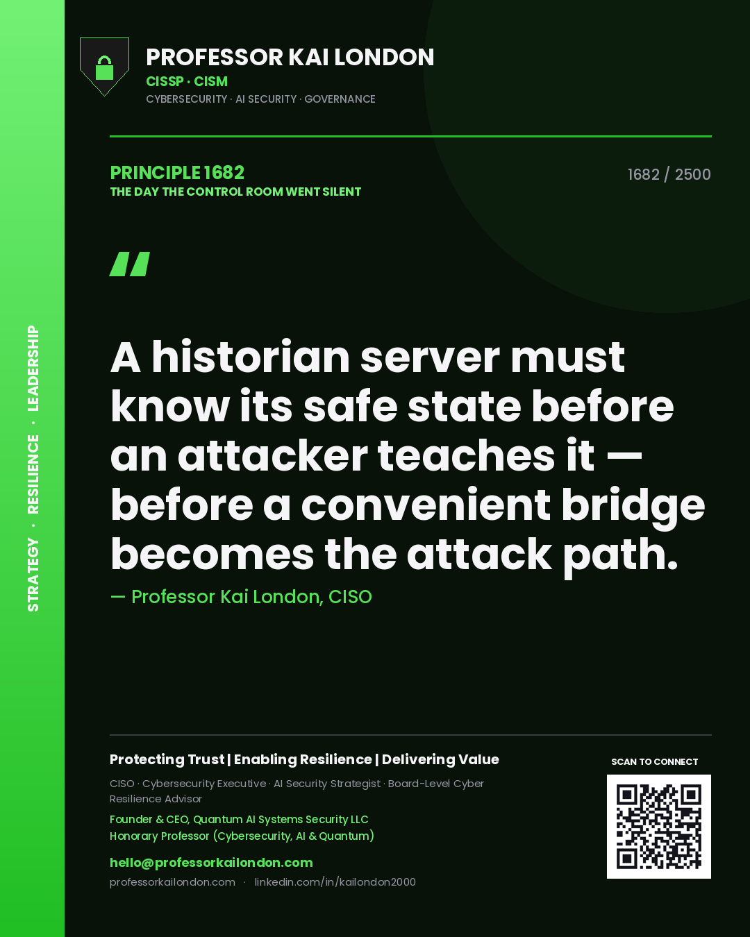 Quote card by Professor Kai London reading 'A historian server must know its safe state before an attacker teaches it — before a convenient bridge becomes the attack path.'. From the book The Day the Control Room Went Silent.