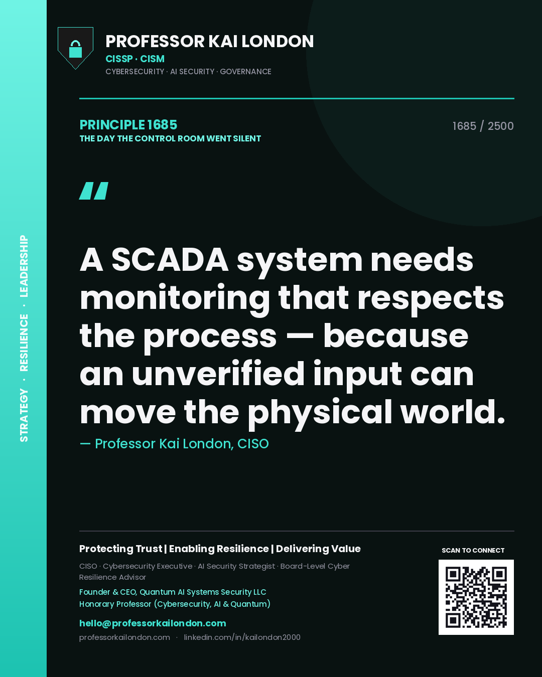 Professor Kai London principle 1685: A SCADA system needs monitoring that respects the process — because an unverified input can move the physical world.