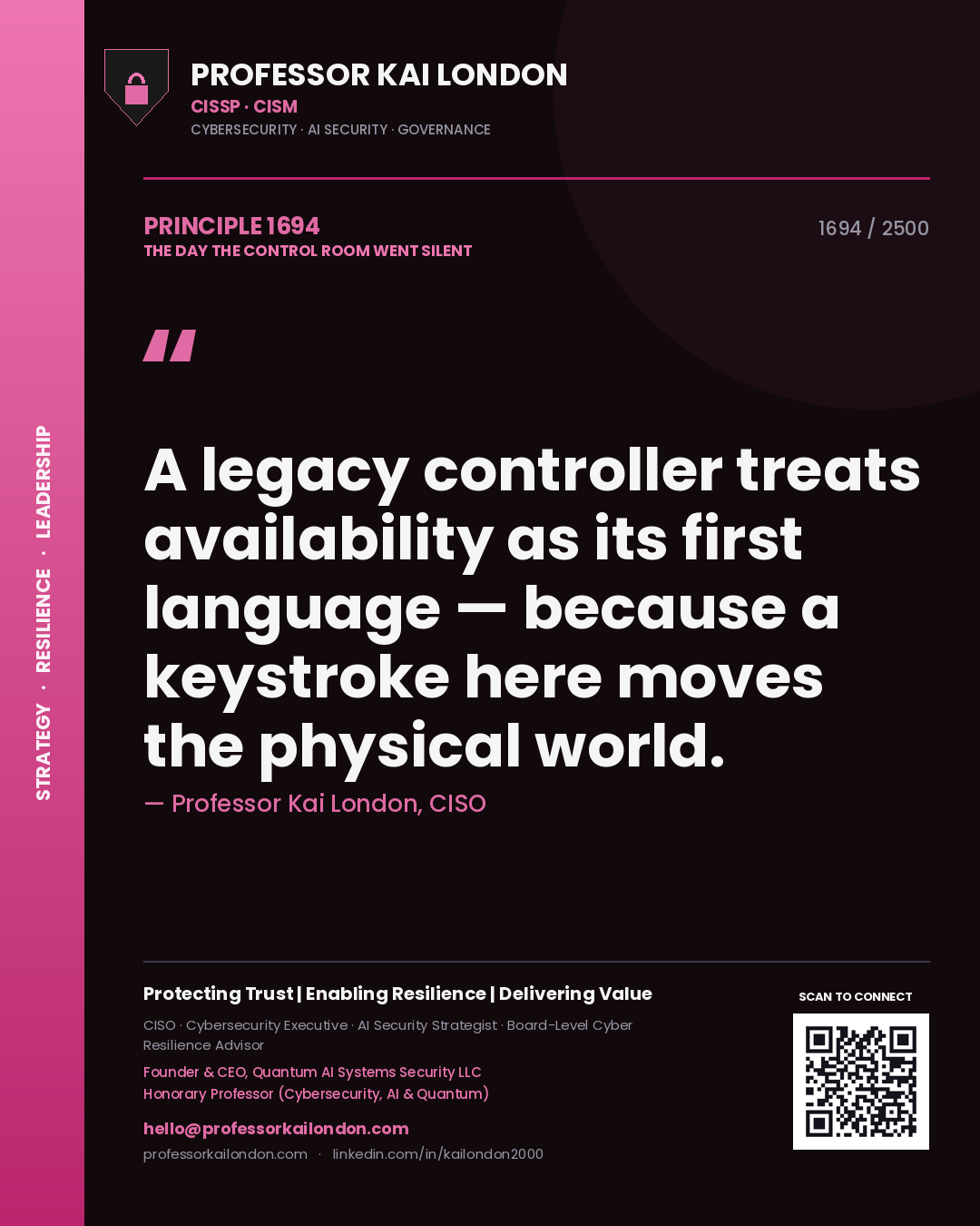 Quote card by Professor Kai London reading 'A legacy controller treats availability as its first language — because a keystroke here moves the physical world.'. From the book The Day the Control Room Went Silent.