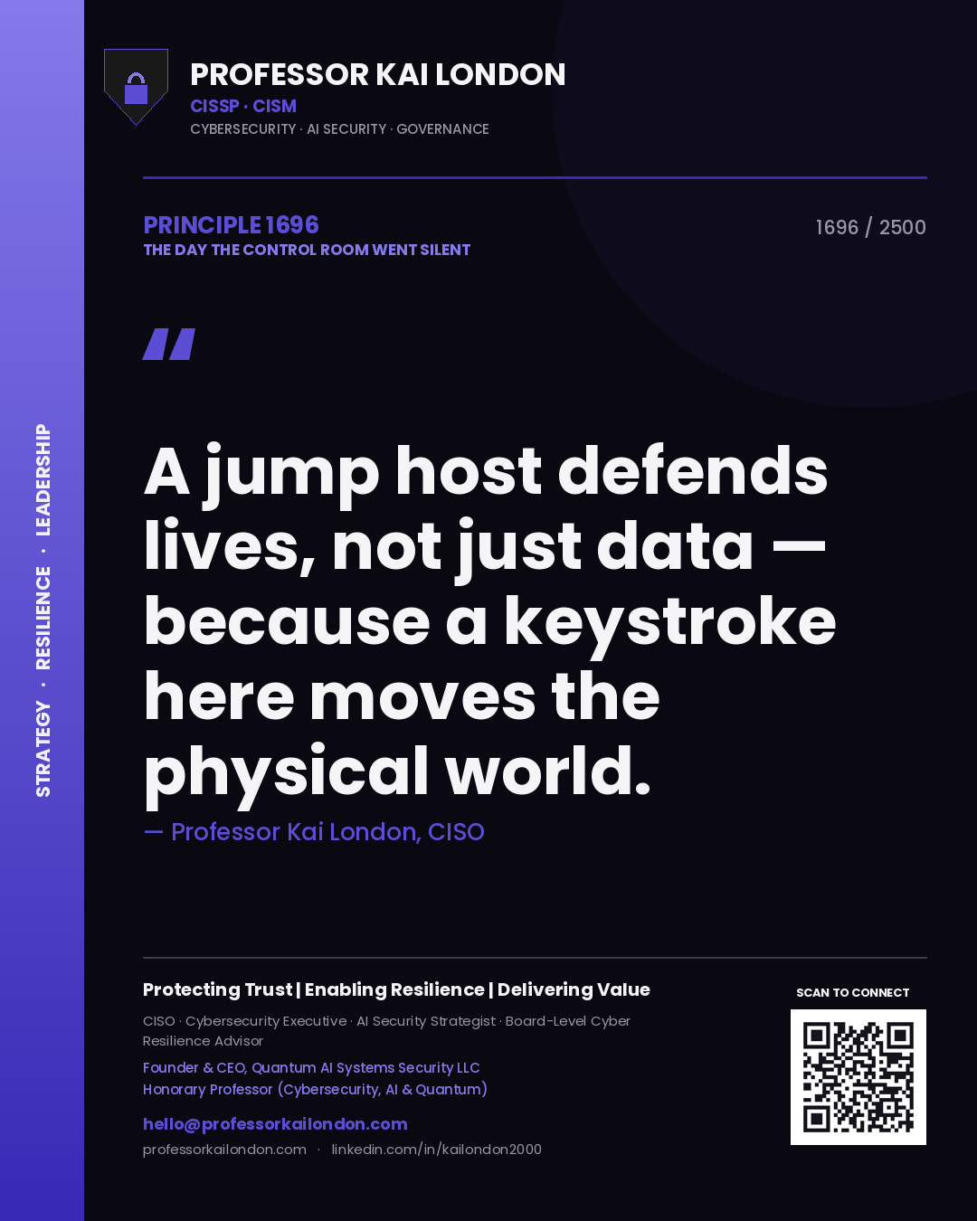 Quote card by Professor Kai London reading 'A jump host defends lives, not just data — because a keystroke here moves the physical world.'. From the book The Day the Control Room Went Silent.