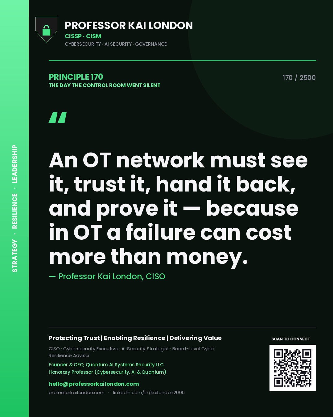 Quote card by Professor Kai London reading 'An OT network must see it, trust it, hand it back, and prove it — because in OT a failure can cost more than money.'. From the book The Day the Control Room Went Silent.