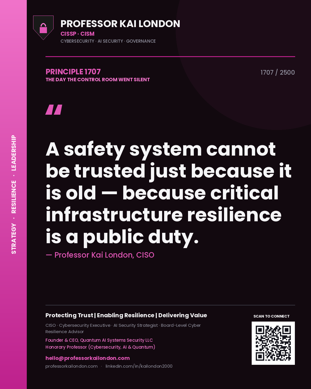 Quote card by Professor Kai London reading 'A safety system cannot be trusted just because it is old — because critical infrastructure resilience is a public duty.'. From the book The Day the Control Room Went Silent.