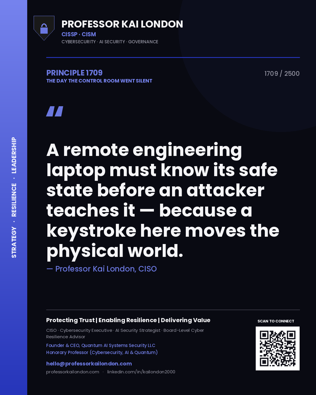 Quote card by Professor Kai London reading 'A remote engineering laptop must know its safe state before an attacker teaches it — because a keystroke here moves the physical world.'. From the book The Day the Control Room Went Silent.