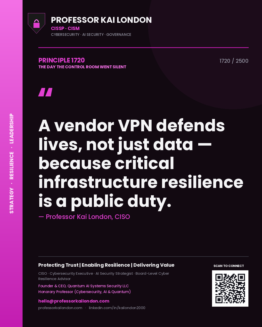 Professor Kai London principle 1720: A vendor VPN defends lives, not just data — because critical infrastructure resilience is a public duty.