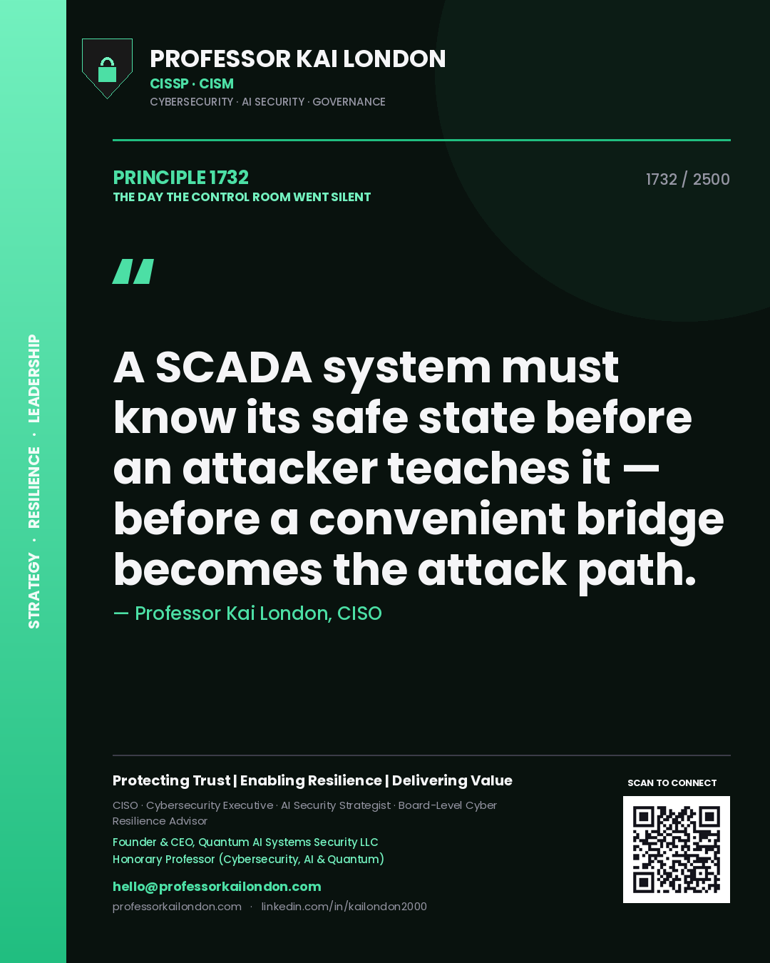 Professor Kai London principle 1732: A SCADA system must know its safe state before an attacker teaches it — before a convenient bridge becomes the attack path.