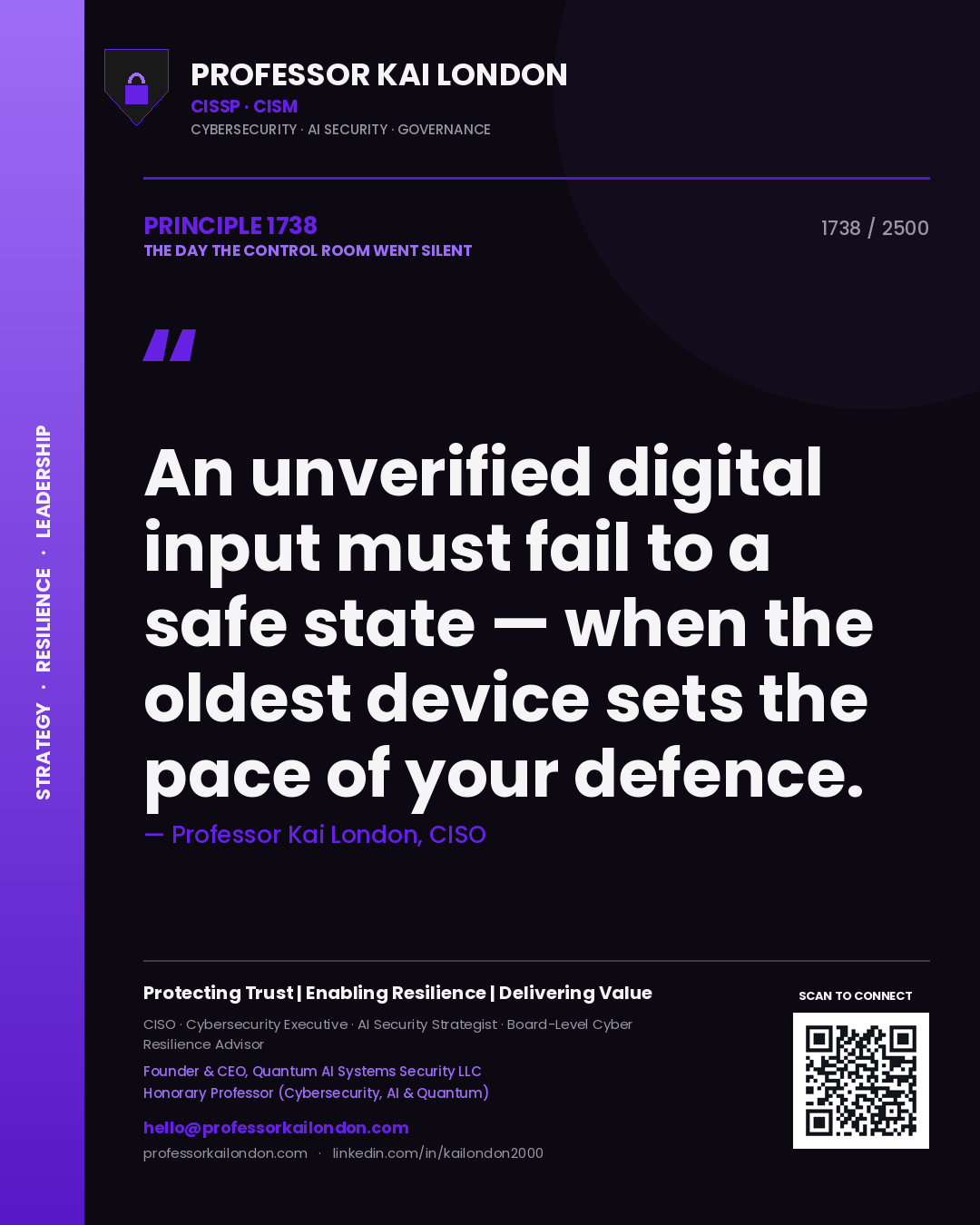 Professor Kai London principle 1738: An unverified digital input must fail to a safe state — when the oldest device sets the pace of your defence.