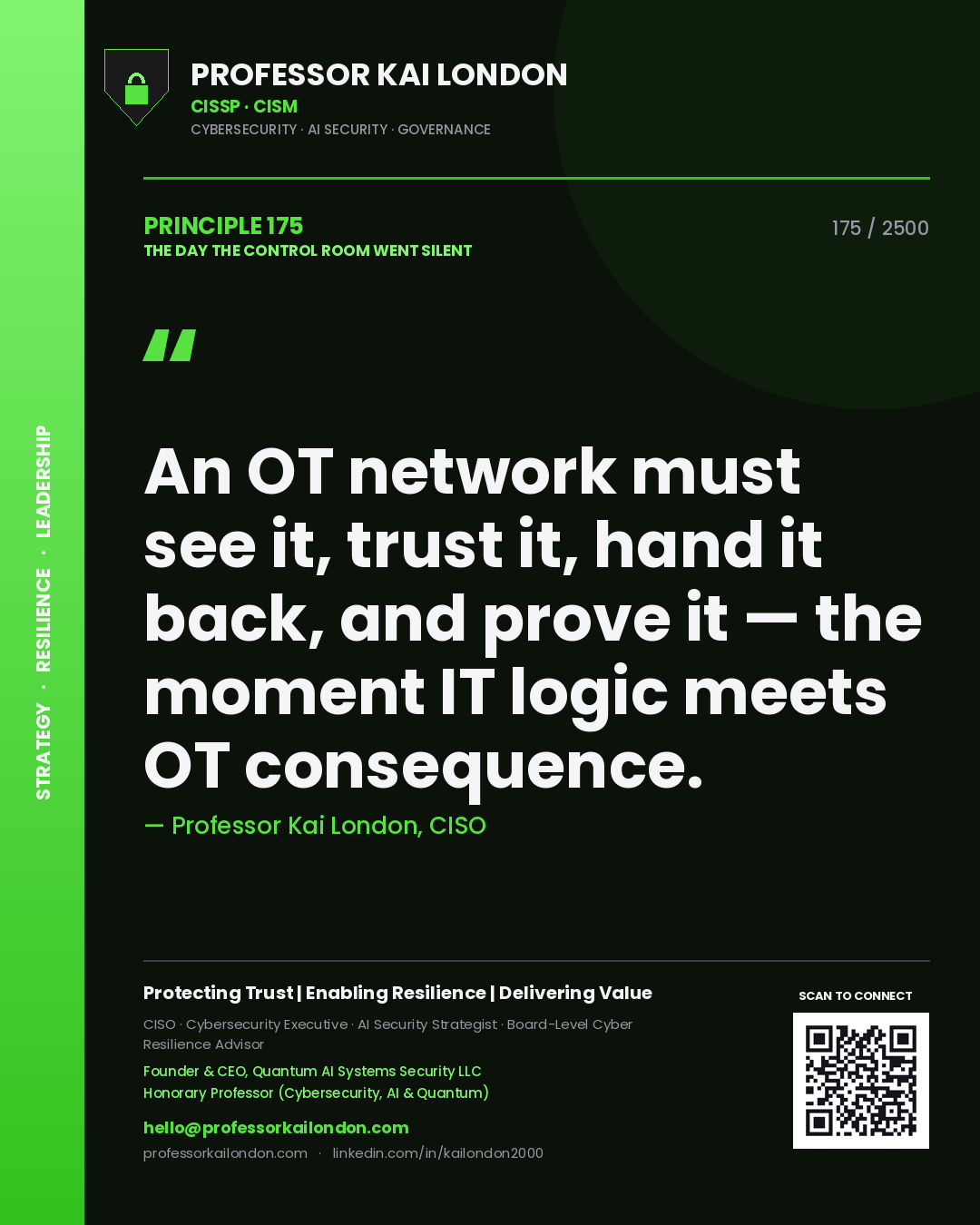 Quote card by Professor Kai London reading 'An OT network must see it, trust it, hand it back, and prove it — the moment IT logic meets OT consequence.'. From the book The Day the Control Room Went Silent.