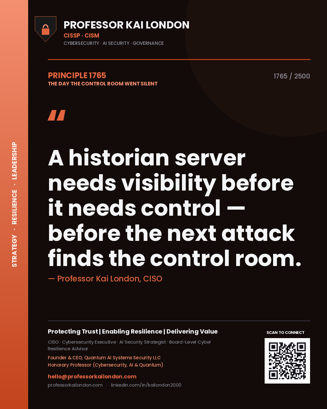 Quote card by Professor Kai London reading 'A historian server needs visibility before it needs control — before the next attack finds the control room.'. From the book The Day the Control Room Went Silent.