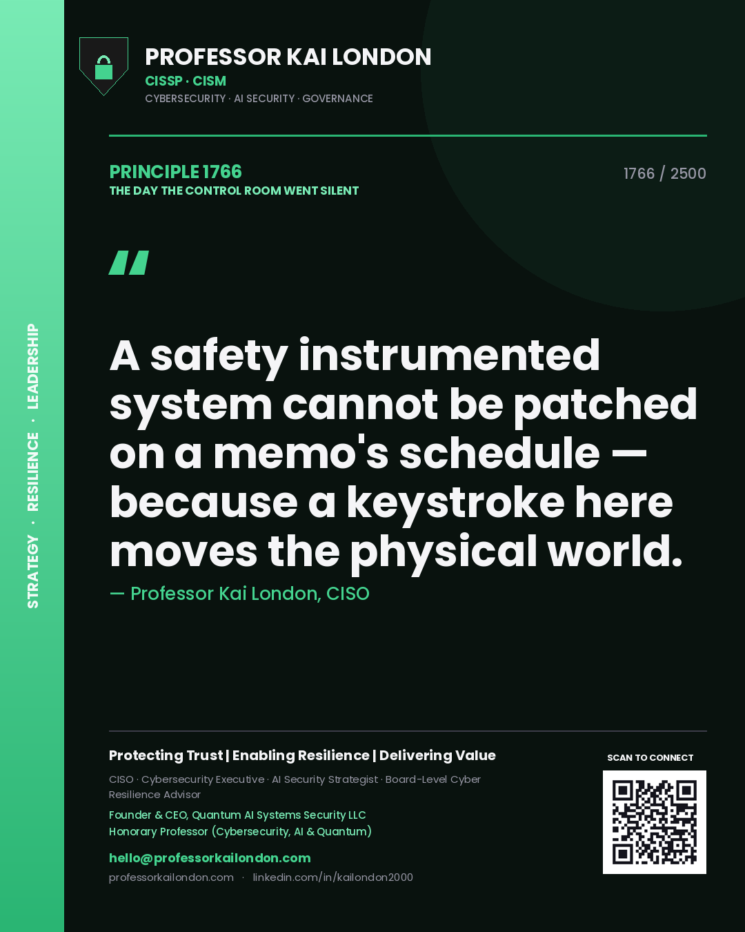 Quote card by Professor Kai London reading 'A safety instrumented system cannot be patched on a memo's schedule — because a keystroke here moves the physical world.'. From the book The Day the Control Room Went Silent.