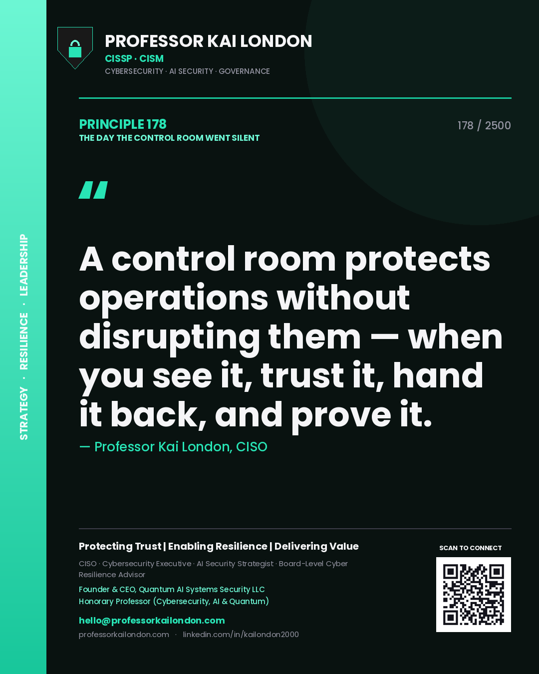 Quote card by Professor Kai London reading 'A control room protects operations without disrupting them — when you see it, trust it, hand it back, and prove it.'. From the book The Day the Control Room Went Silent.
