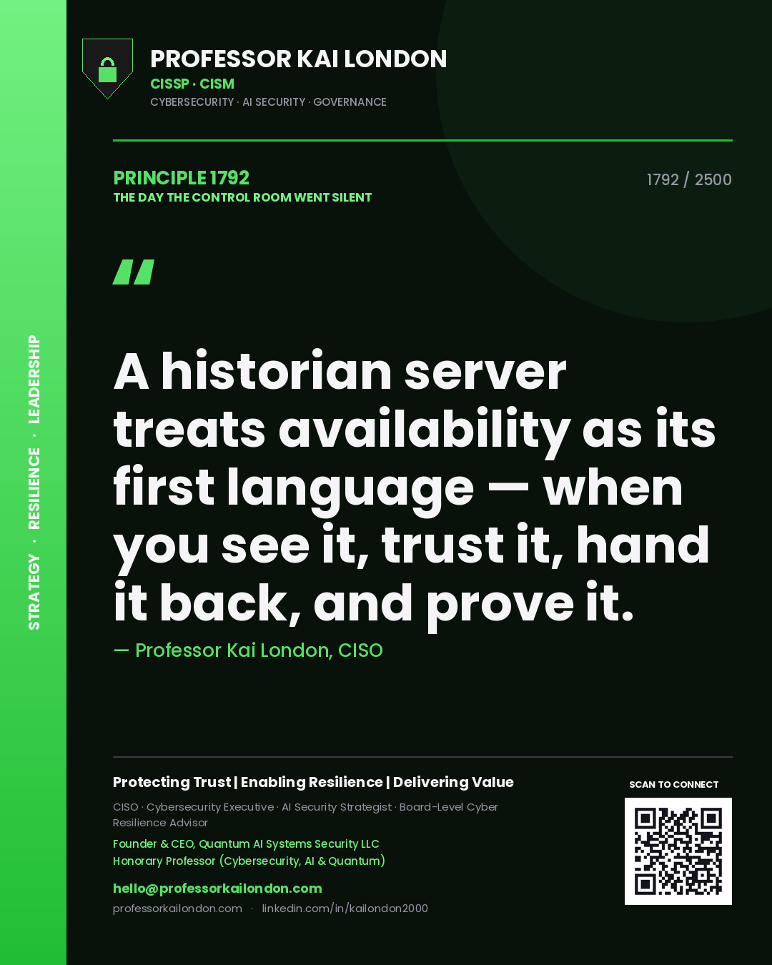 Quote card by Professor Kai London reading 'A historian server treats availability as its first language — when you see it, trust it, hand it back, and prove it.'. From the book The Day the Control Room Went Silent.