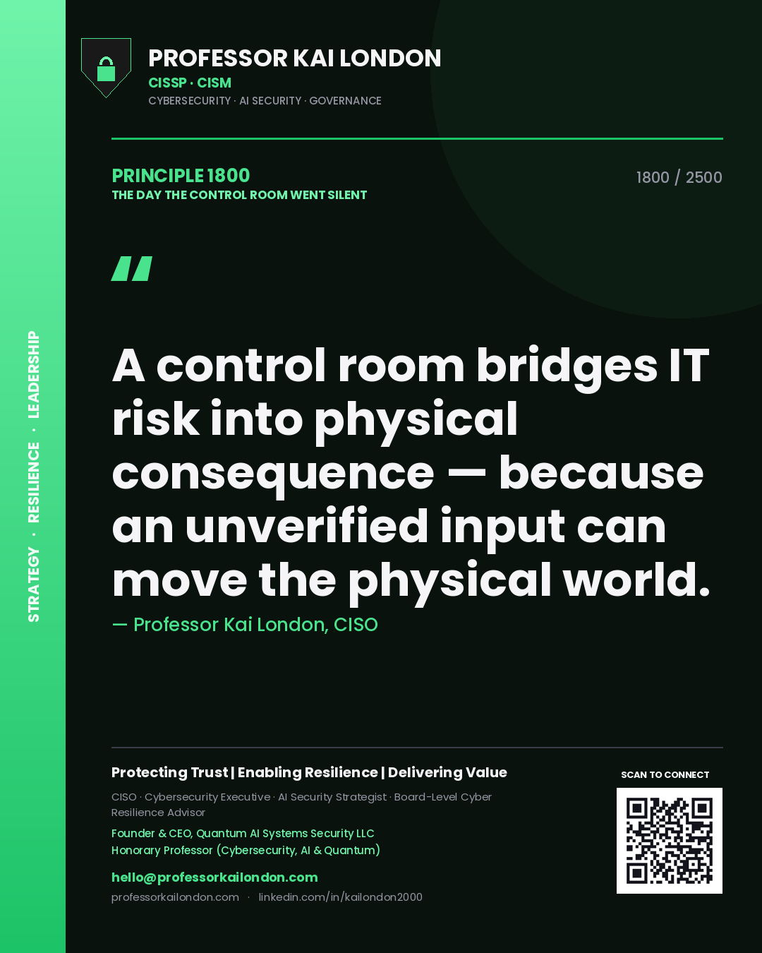 Professor Kai London principle 1800: A control room bridges IT risk into physical consequence — because an unverified input can move the physical world.